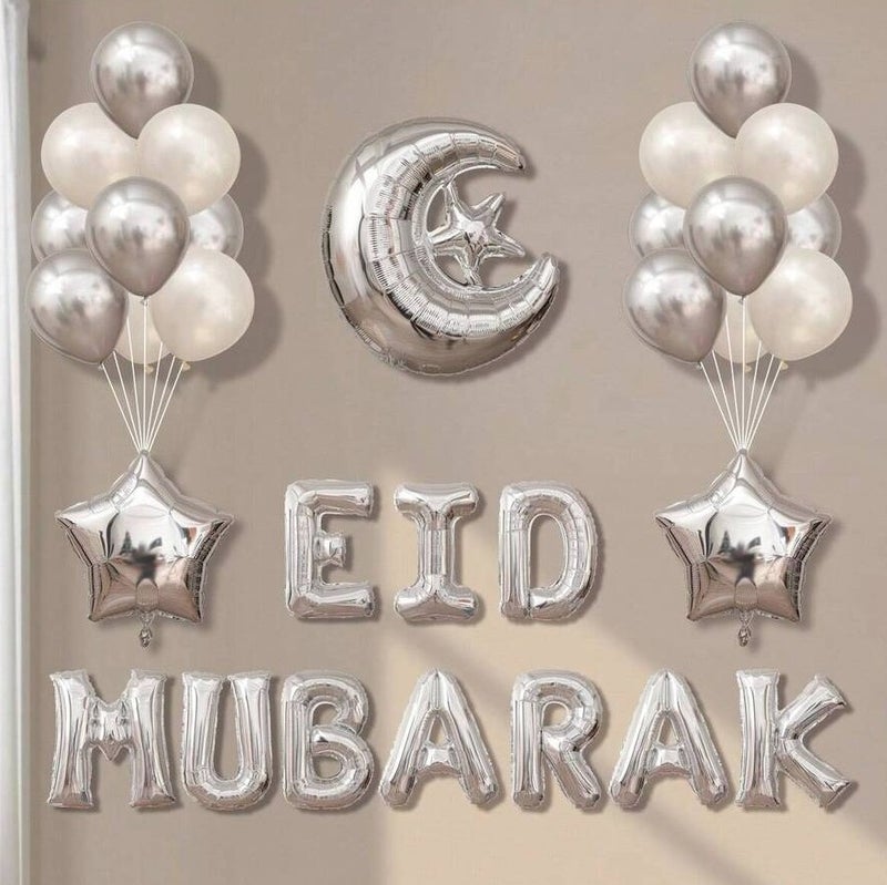 Eid Mubarak Decoration Set – Gold & Silver Balloon Kit with Moon, Star and “Eid Mubarak” Letters, Perfect for Eid Party Décor - Image 1